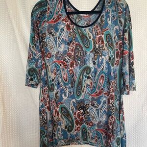 Agenda Teal Paisley Scoop Neck Tunic with Coral & Black Accents